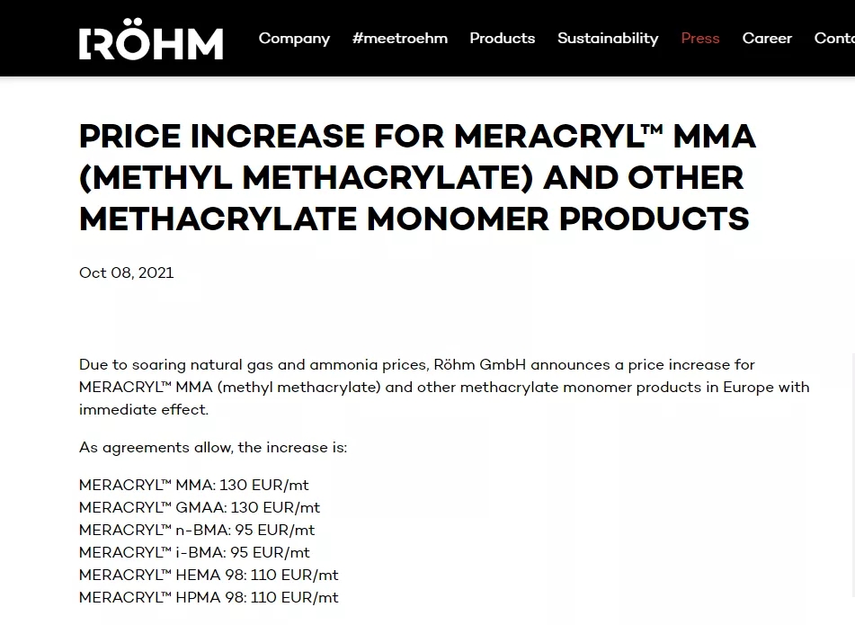 羅姆化學(xué)提高M(jìn)ERACRYL? MMA等價(jià)格
